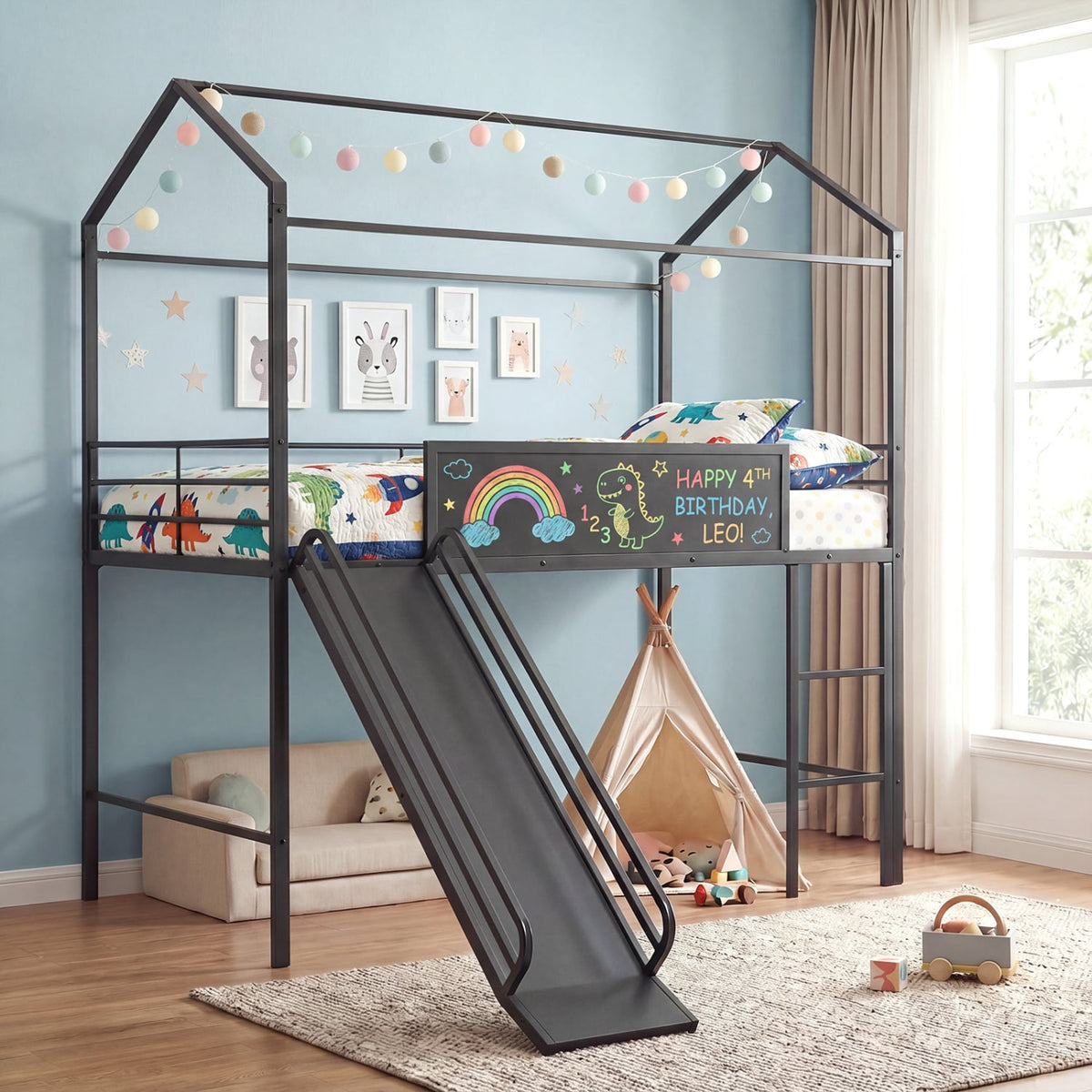 Kids Twin Size Loft Bed with Ladder and Slide for Bedroom-Black-Toddler Beds-DECOROLALA