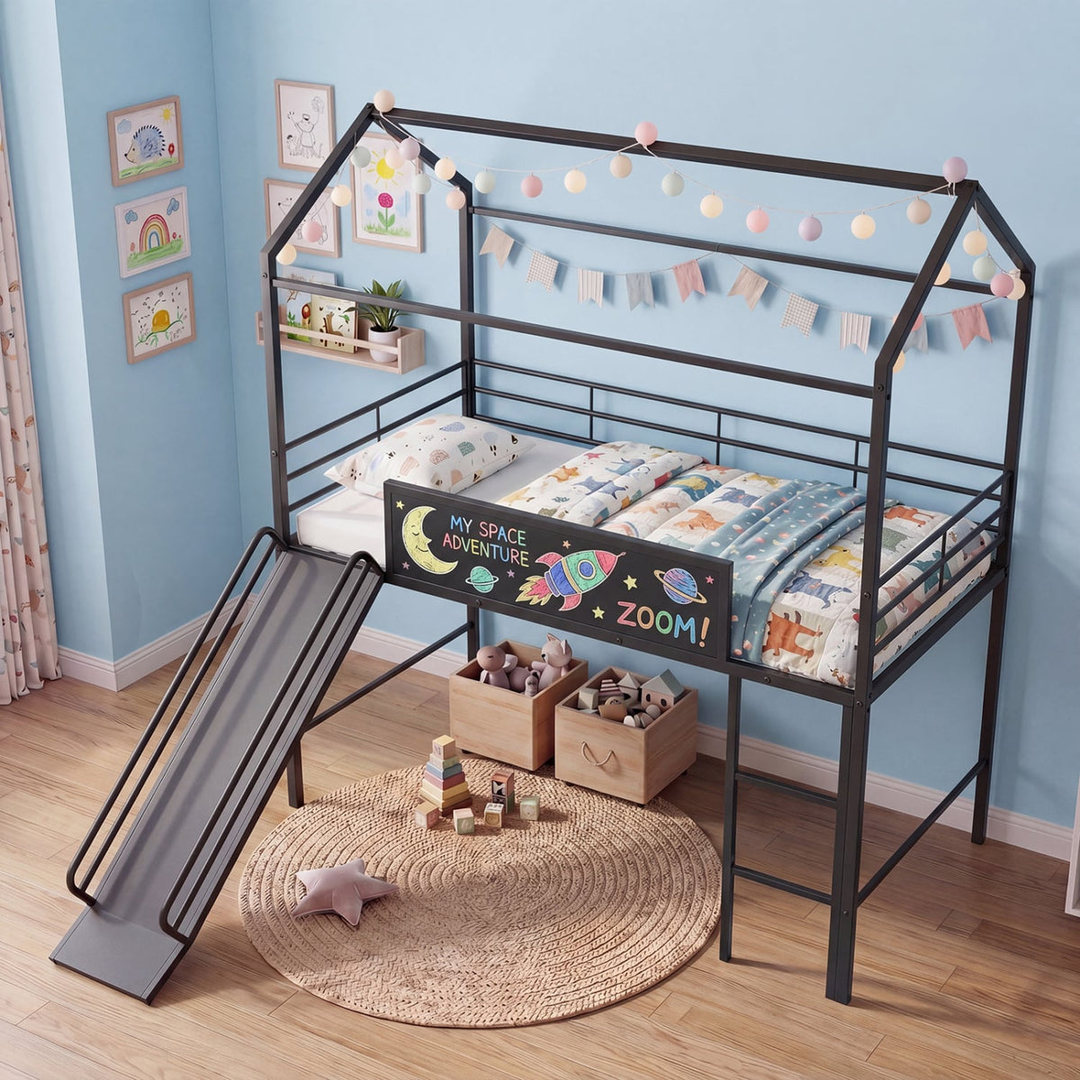 Kids Twin Size Loft Bed with Ladder and Slide for Bedroom-Black-Toddler Beds-DECOROLALA