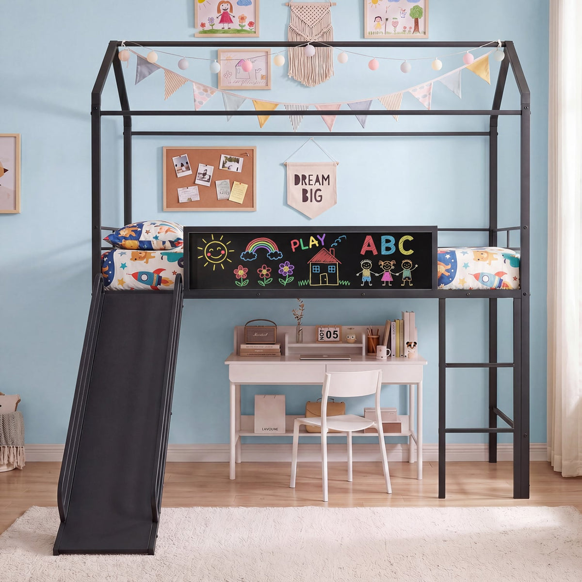 Kids Twin Size Loft Bed with Ladder and Slide for Bedroom-Black-Toddler Beds-DECOROLALA