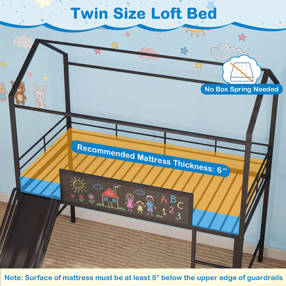Kids Twin Size Loft Bed with Ladder and Slide for Bedroom-Black-Toddler Beds-DECOROLALA