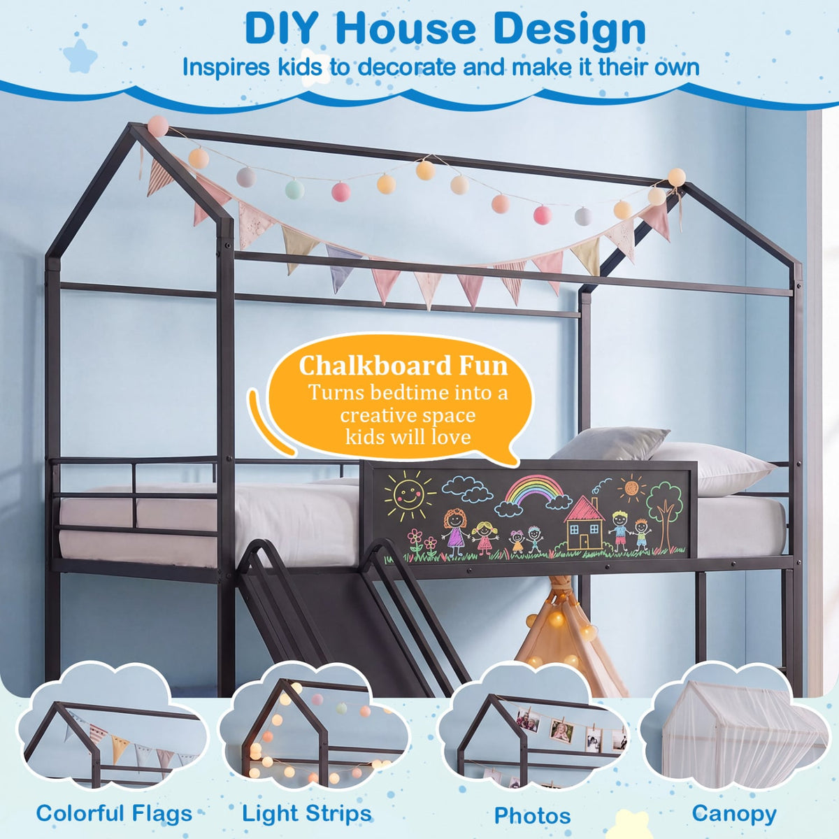 Kids Twin Size Loft Bed with Ladder and Slide for Bedroom-Black-Toddler Beds-DECOROLALA