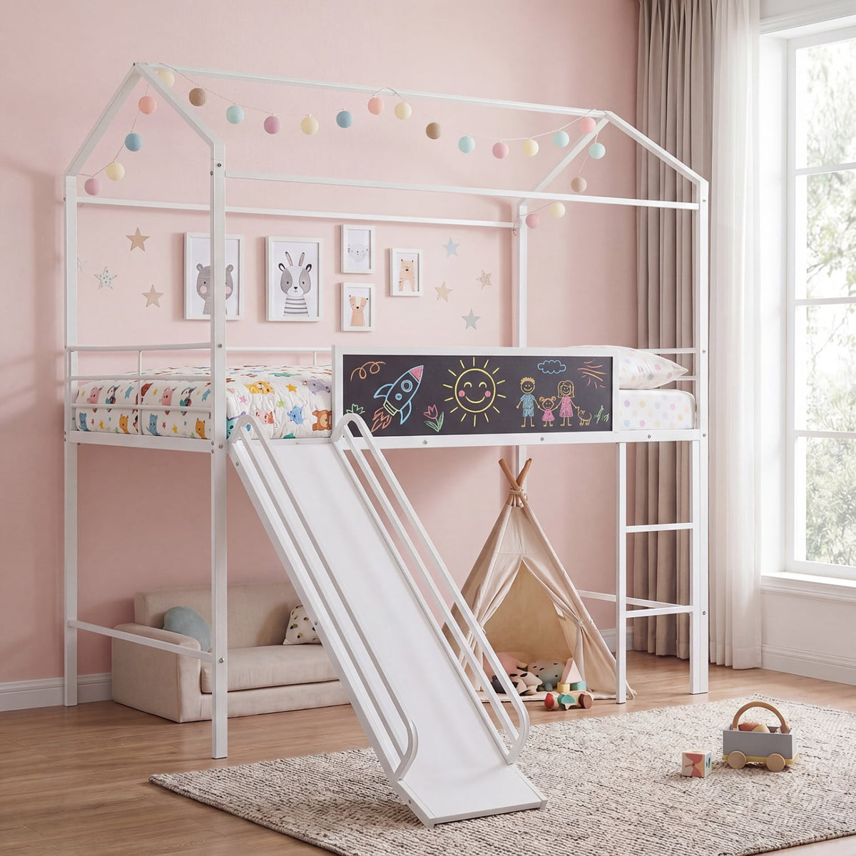 Kids Twin Size Loft Bed with Ladder and Slide for Bedroom-White-Toddler Beds-DECOROLALA