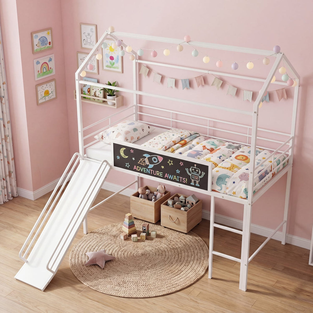 Kids Twin Size Loft Bed with Ladder and Slide for Bedroom-White-Toddler Beds-DECOROLALA