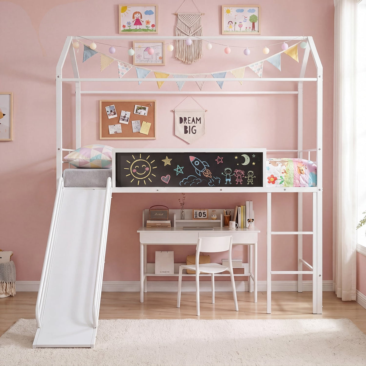 Kids Twin Size Loft Bed with Ladder and Slide for Bedroom-White-Toddler Beds-DECOROLALA