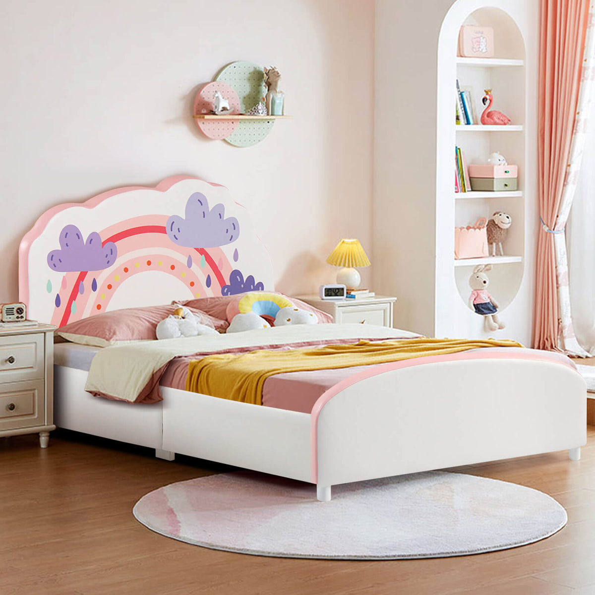Kids Twin Size Upholstered Platform Wooden Bed with Rainbow Pattern-Toddler Beds-DECOROLALA