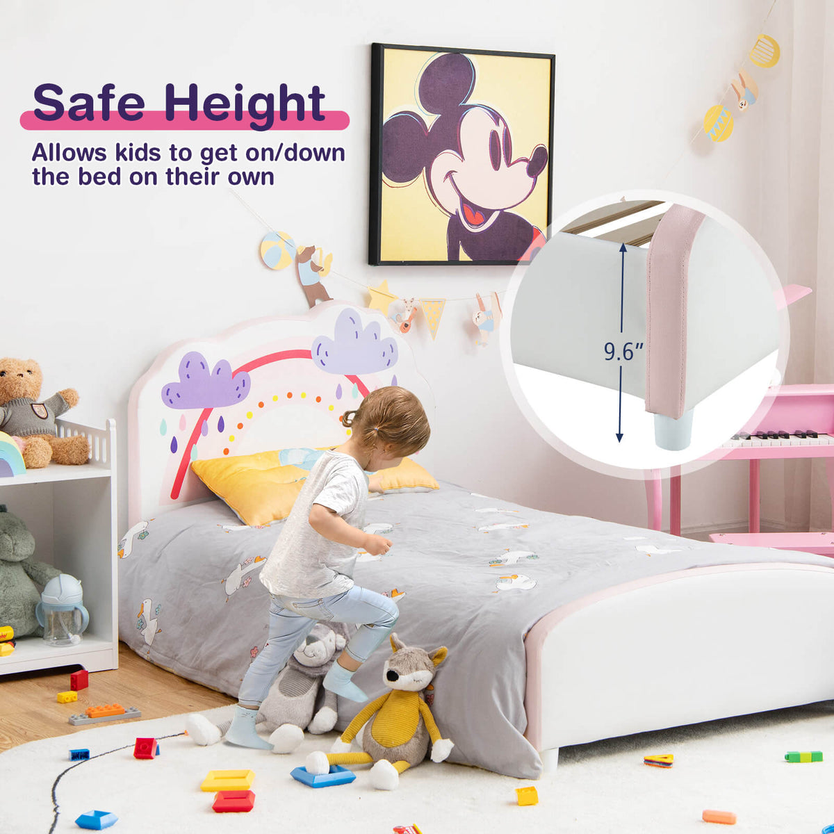 Kids Twin Size Upholstered Platform Wooden Bed with Rainbow Pattern-Toddler Beds-DECOROLALA