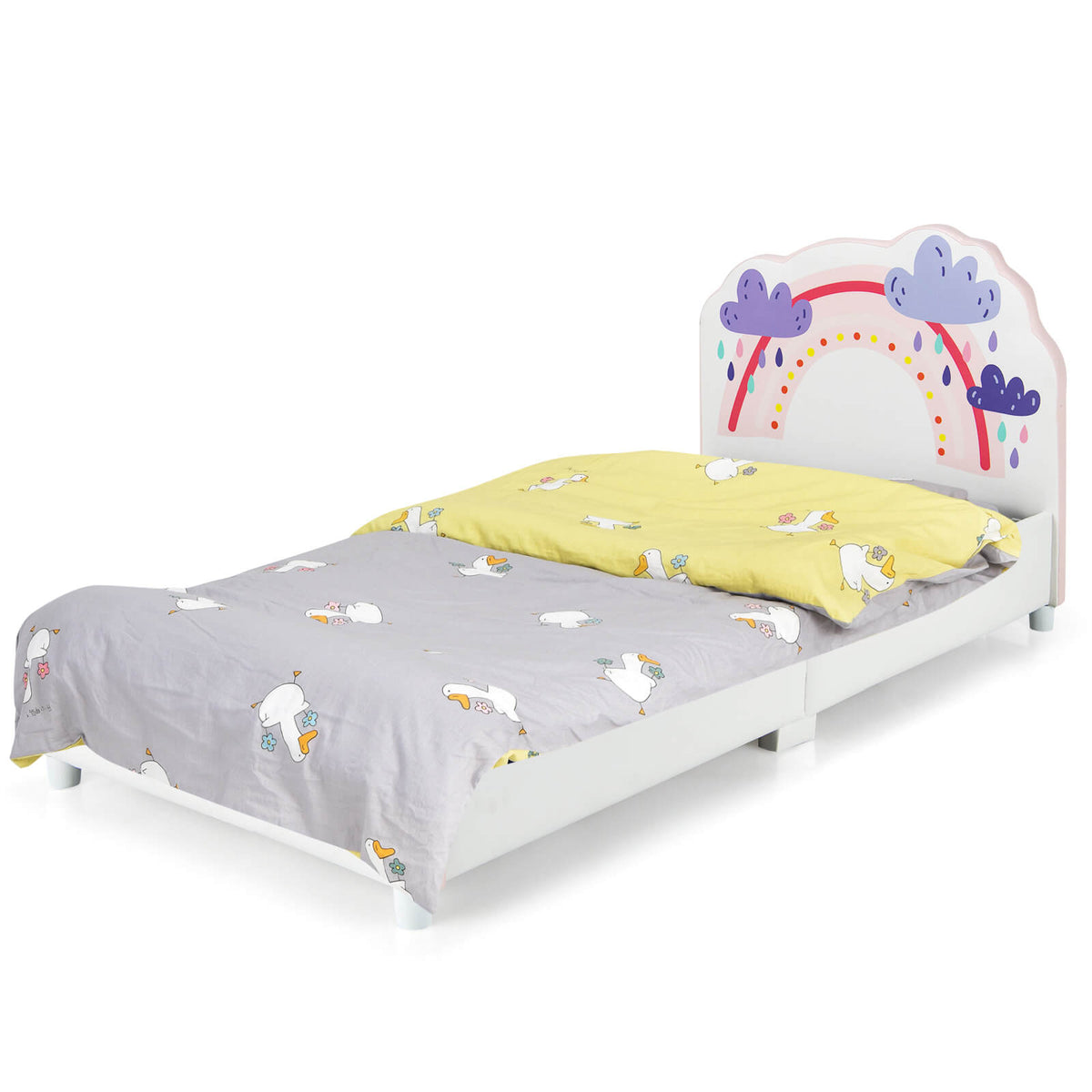 Kids Twin Size Upholstered Platform Wooden Bed with Rainbow Pattern-Toddler Beds-DECOROLALA