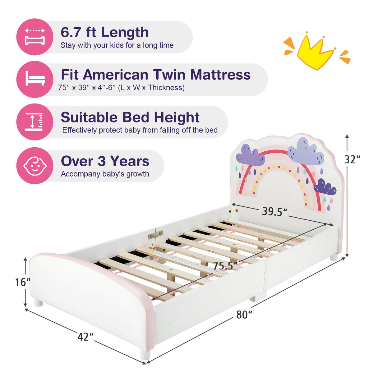Kids Twin Size Upholstered Platform Wooden Bed with Rainbow Pattern-Toddler Beds-DECOROLALA