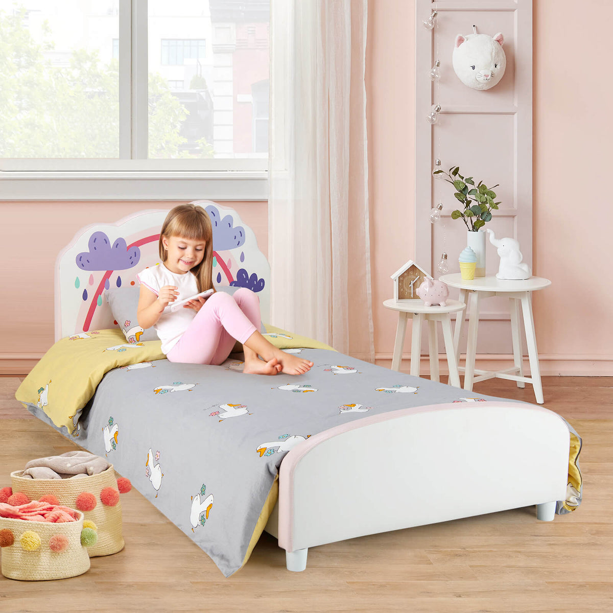 Kids Twin Size Upholstered Platform Wooden Bed with Rainbow Pattern-Toddler Beds-DECOROLALA