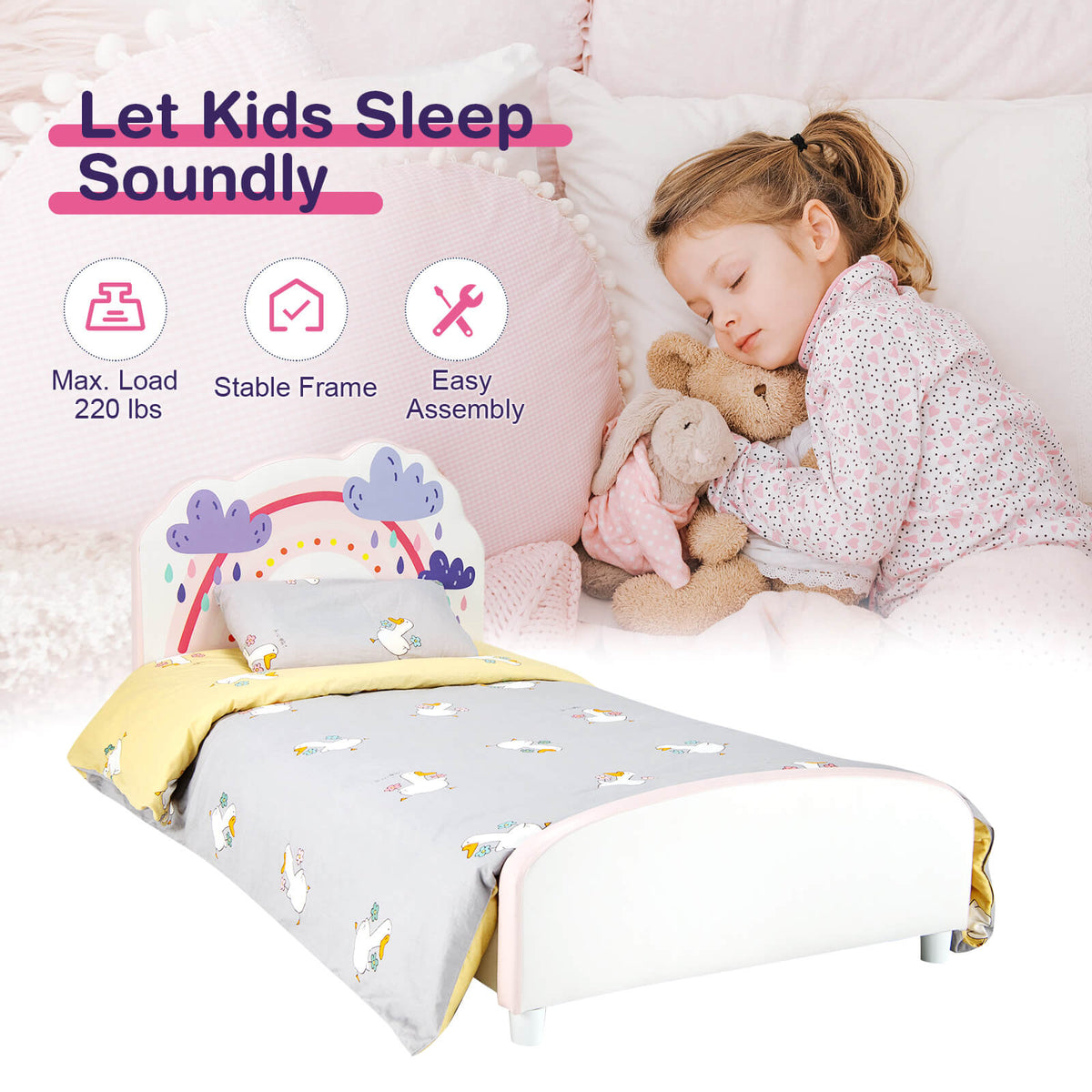 Kids Twin Size Upholstered Platform Wooden Bed with Rainbow Pattern-Toddler Beds-DECOROLALA