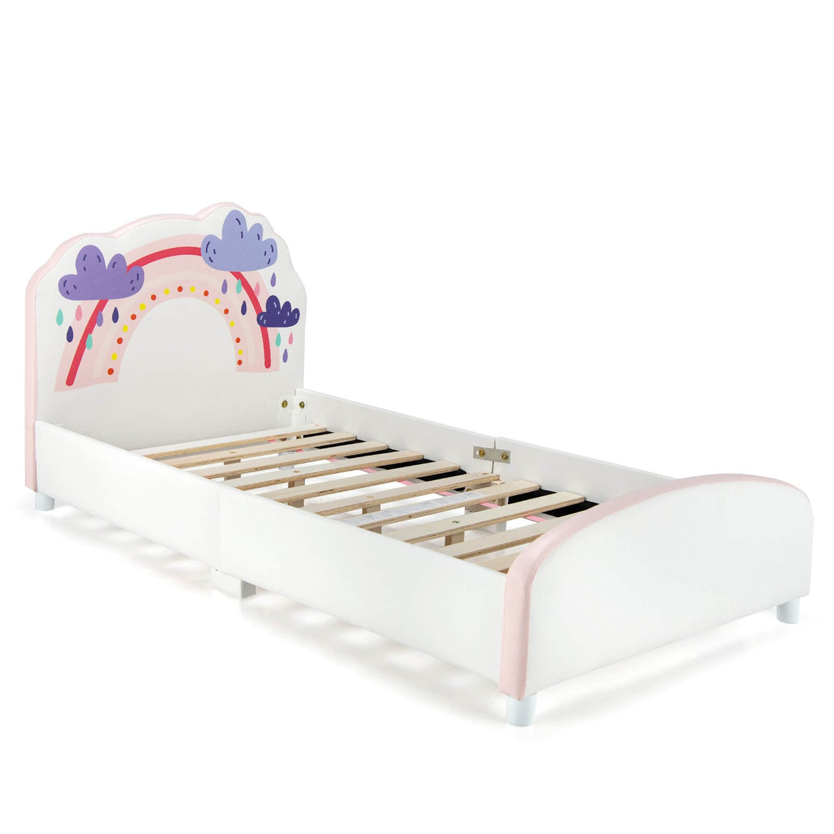 Kids Twin Size Upholstered Platform Wooden Bed with Rainbow Pattern-Toddler Beds-DECOROLALA