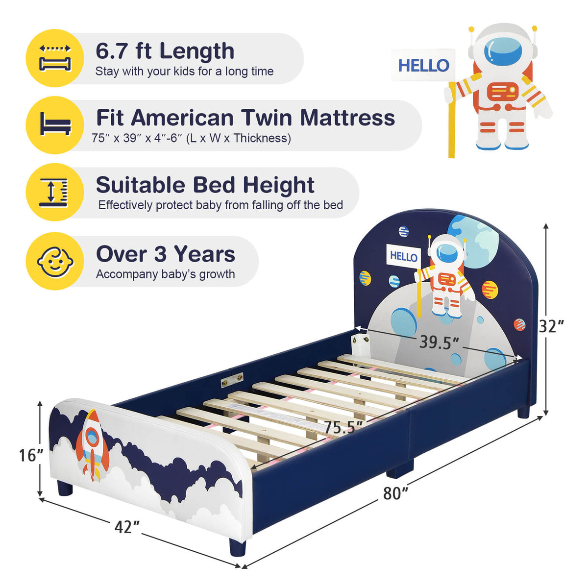 Kids Upholstered Platform Bed with Headboard and Footboard-Toddler Beds-DECOROLALA