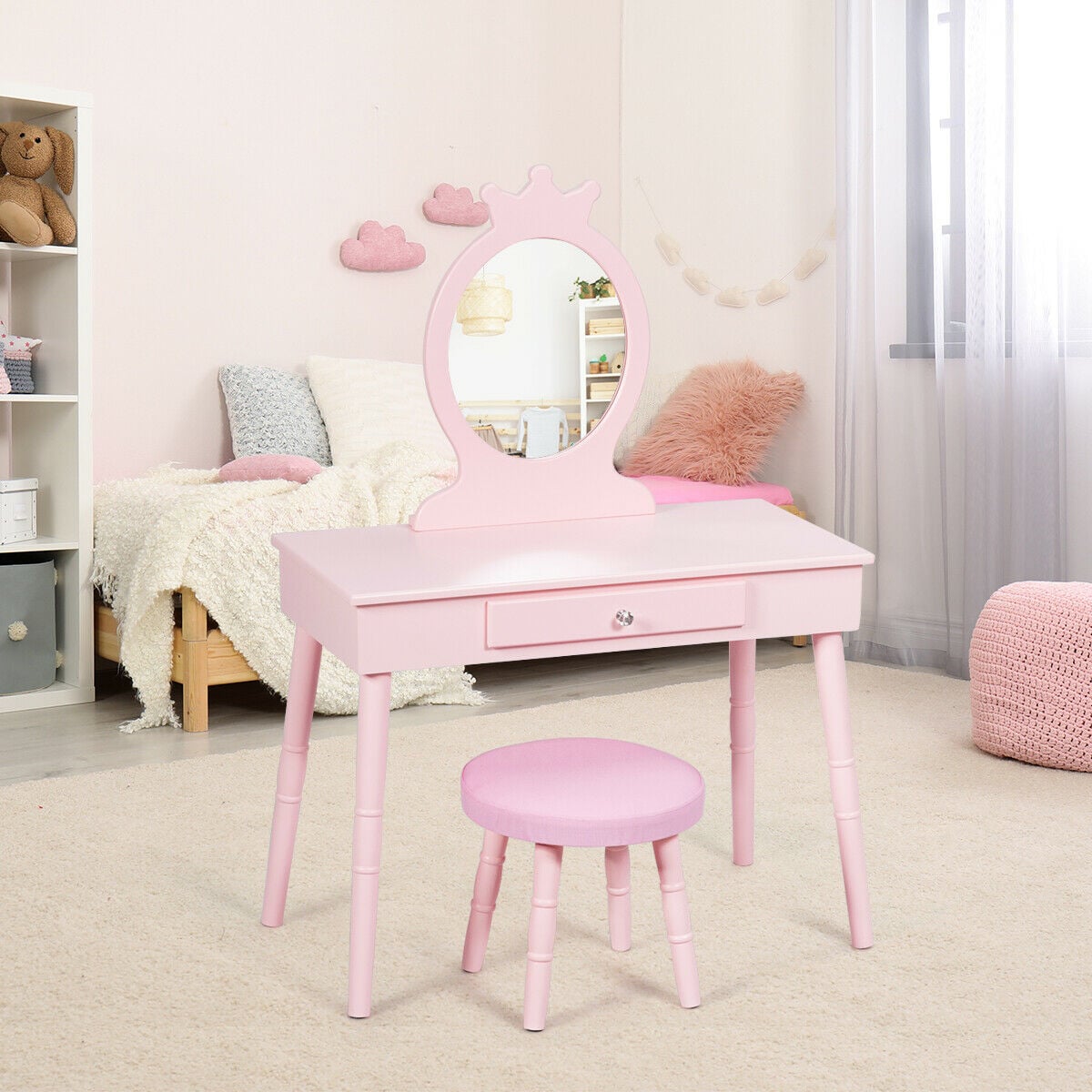 Kids Vanity Makeup Table and Chair Set Make Up Stool-Kids Vanities-DECOROLALA