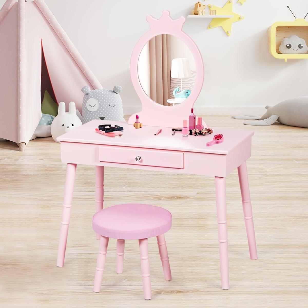 Kids Vanity Makeup Table and Chair Set Make Up Stool-Kids Vanities-DECOROLALA