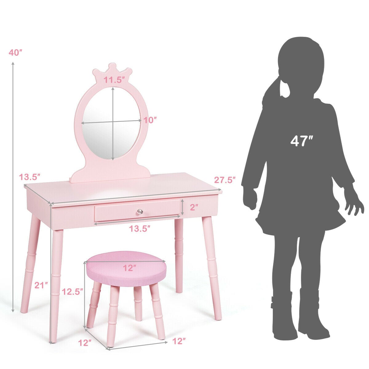 Kids Vanity Makeup Table and Chair Set Make Up Stool-Kids Vanities-DECOROLALA