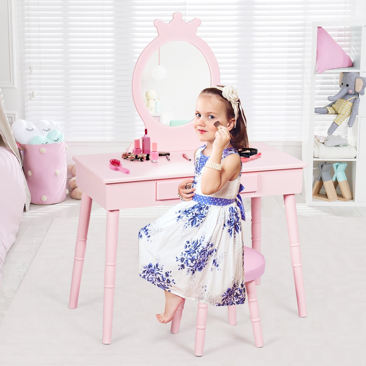 Kids Vanity Makeup Table and Chair Set Make Up Stool-Kids Vanities-DECOROLALA