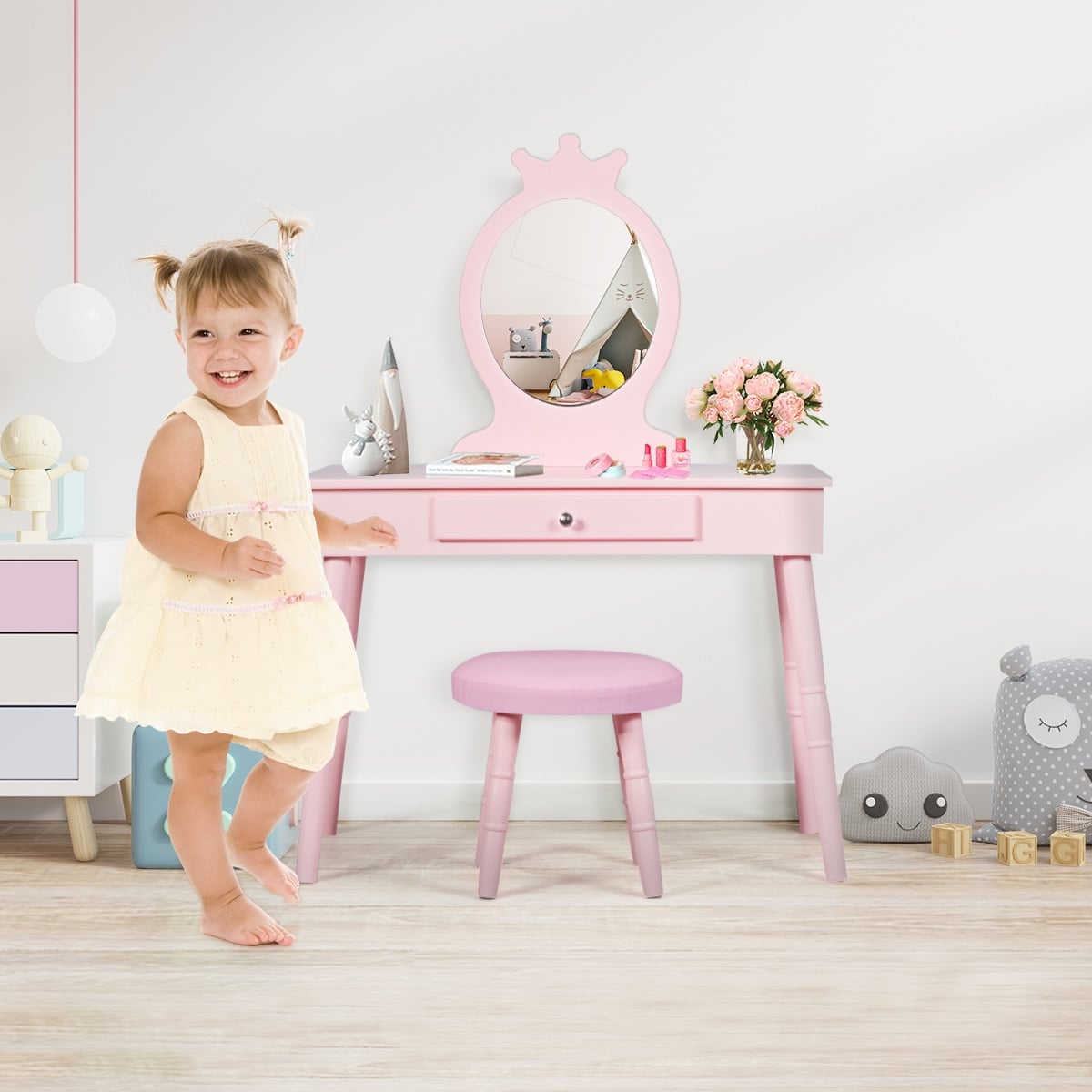 Kids Vanity Makeup Table and Chair Set Make Up Stool-Kids Vanities-DECOROLALA
