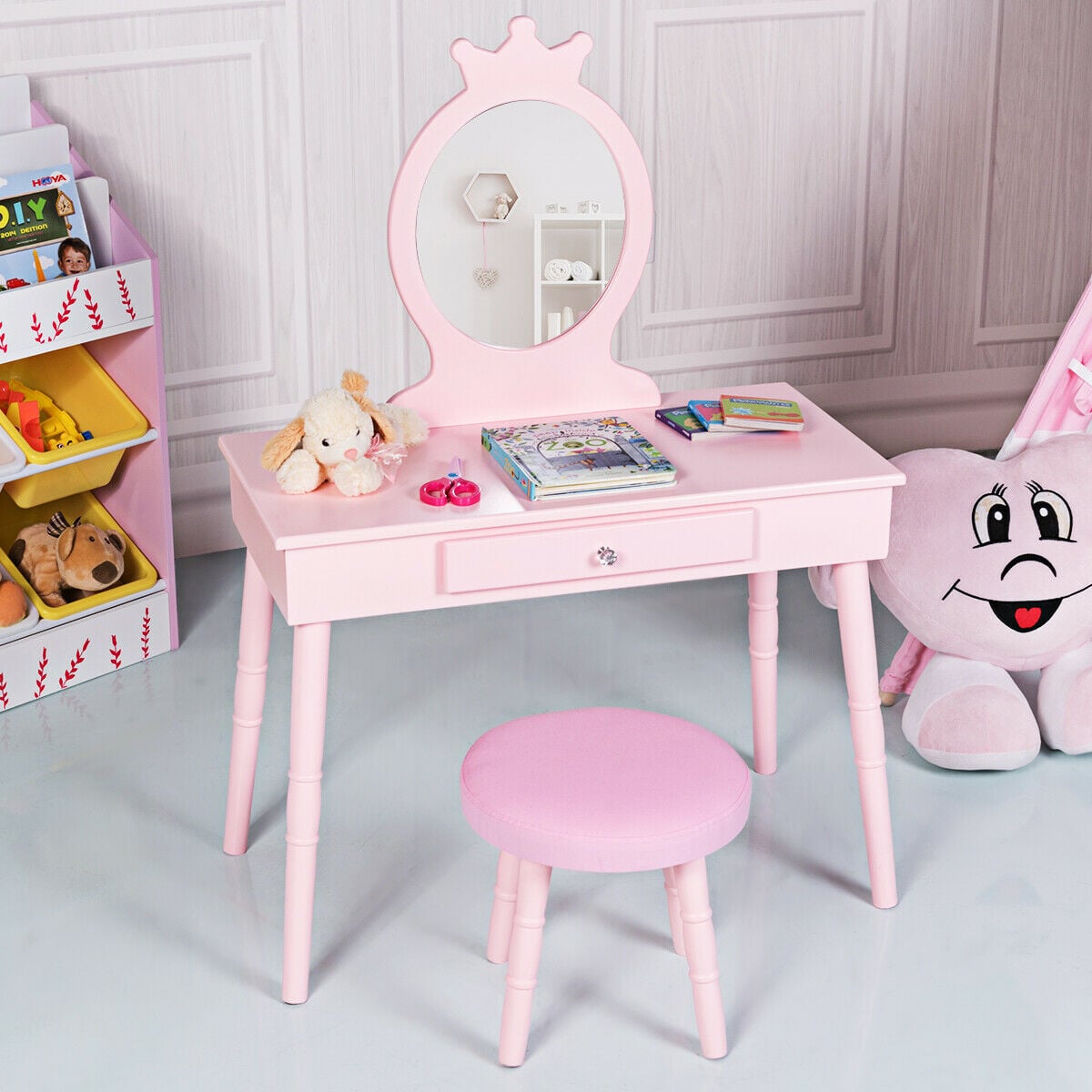 Kids Vanity Makeup Table and Chair Set Make Up Stool-Kids Vanities-DECOROLALA
