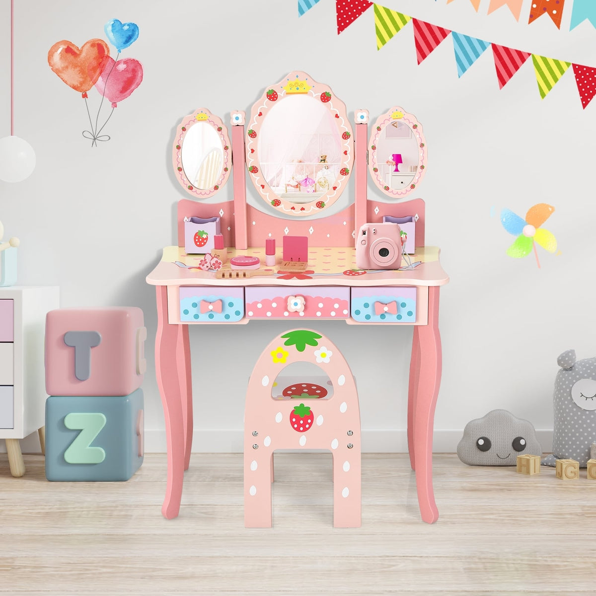 Kids Vanity Princess Makeup Dressing Table Chair Set with Tri-fold Mirror-Pink-Kids Vanities-DECOROLALA