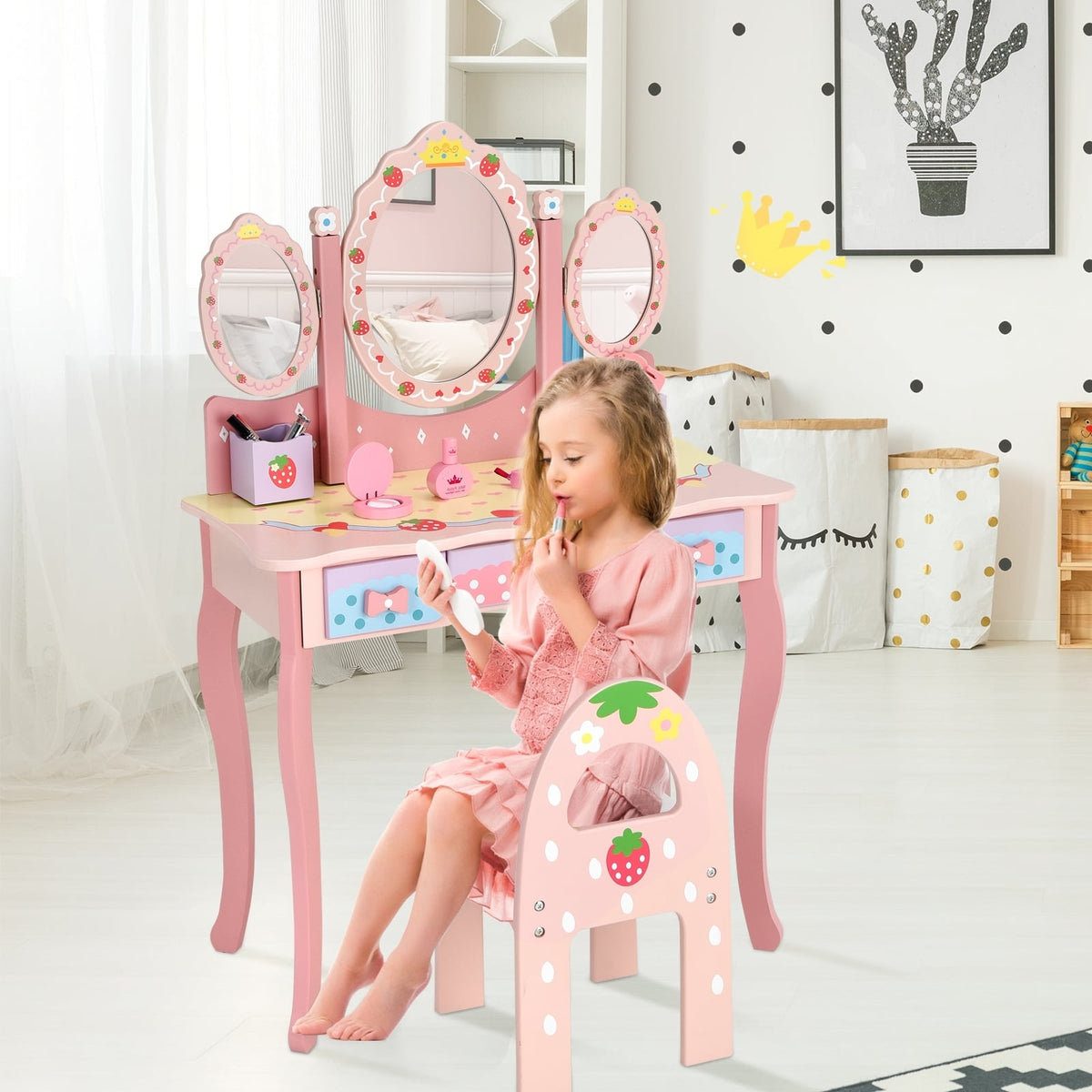 Kids Vanity Princess Makeup Dressing Table Chair Set with Tri-fold Mirror-Pink-Kids Vanities-DECOROLALA