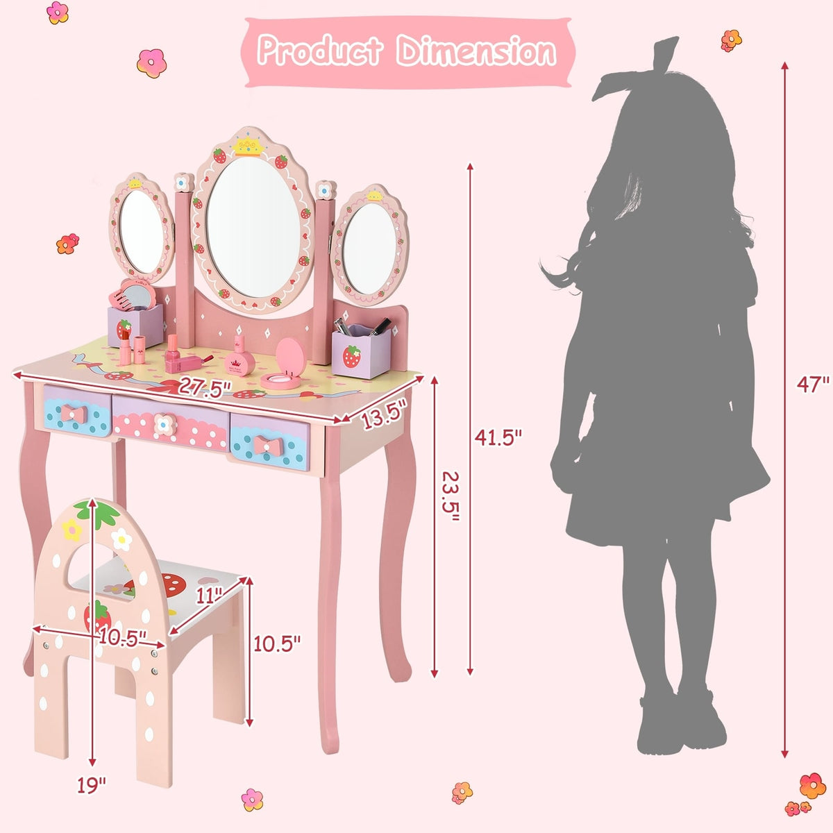 Kids Vanity Princess Makeup Dressing Table Chair Set with Tri-fold Mirror-Pink-Kids Vanities-DECOROLALA