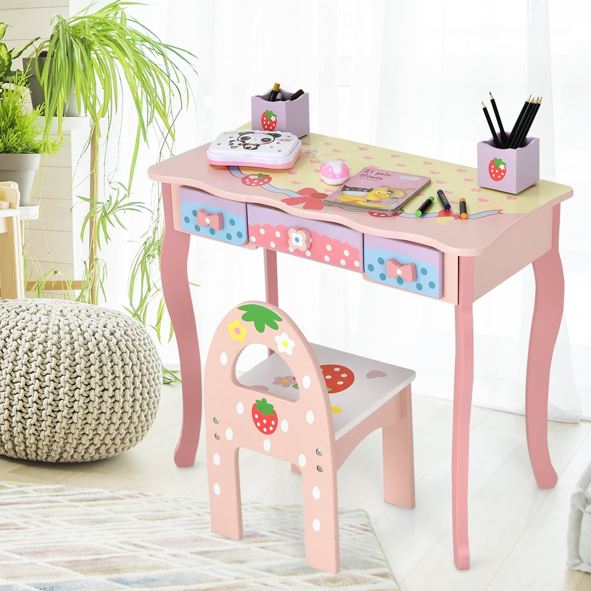 Kids Vanity Princess Makeup Dressing Table Chair Set with Tri-fold Mirror-Pink-Kids Vanities-DECOROLALA