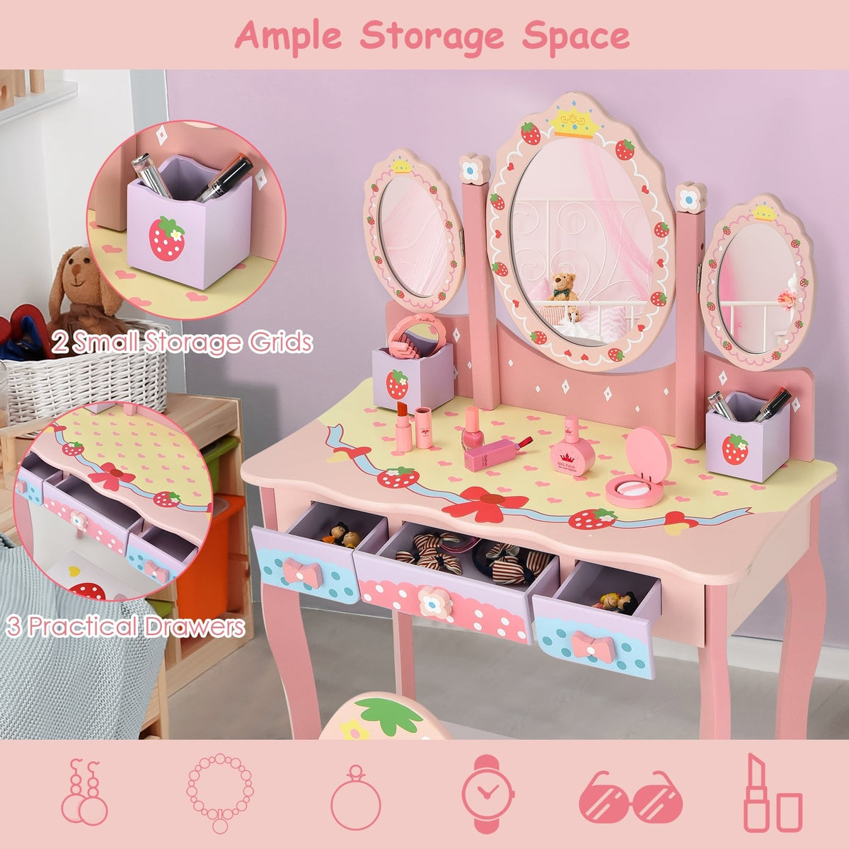 Kids Vanity Princess Makeup Dressing Table Chair Set with Tri-fold Mirror-Pink-Kids Vanities-DECOROLALA