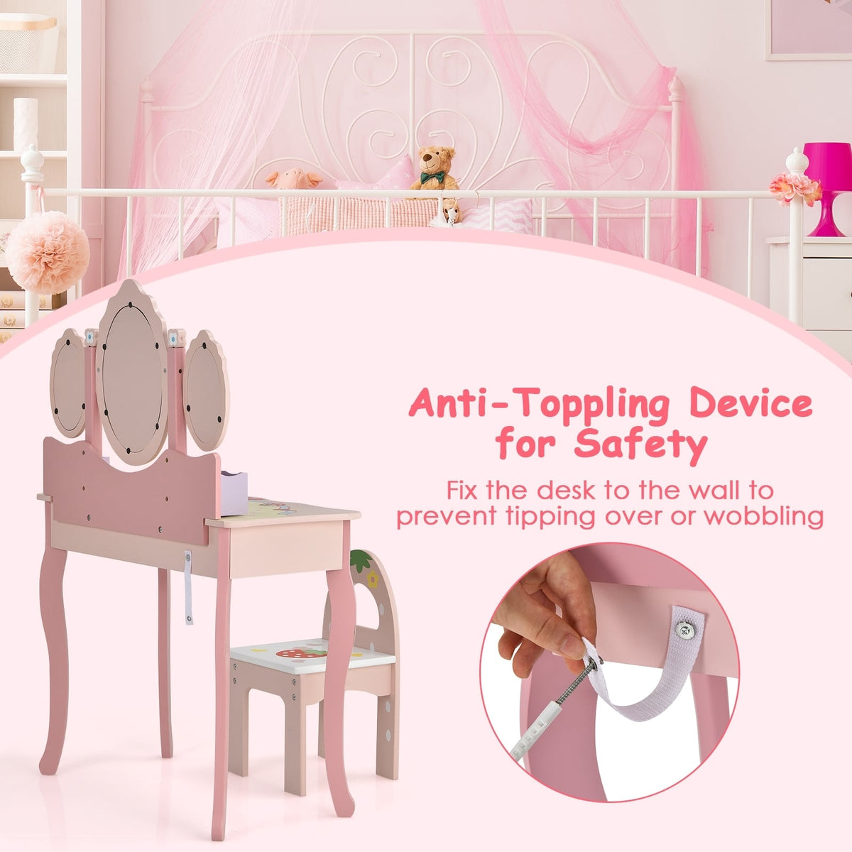 Kids Vanity Princess Makeup Dressing Table Chair Set with Tri-fold Mirror-Pink-Kids Vanities-DECOROLALA