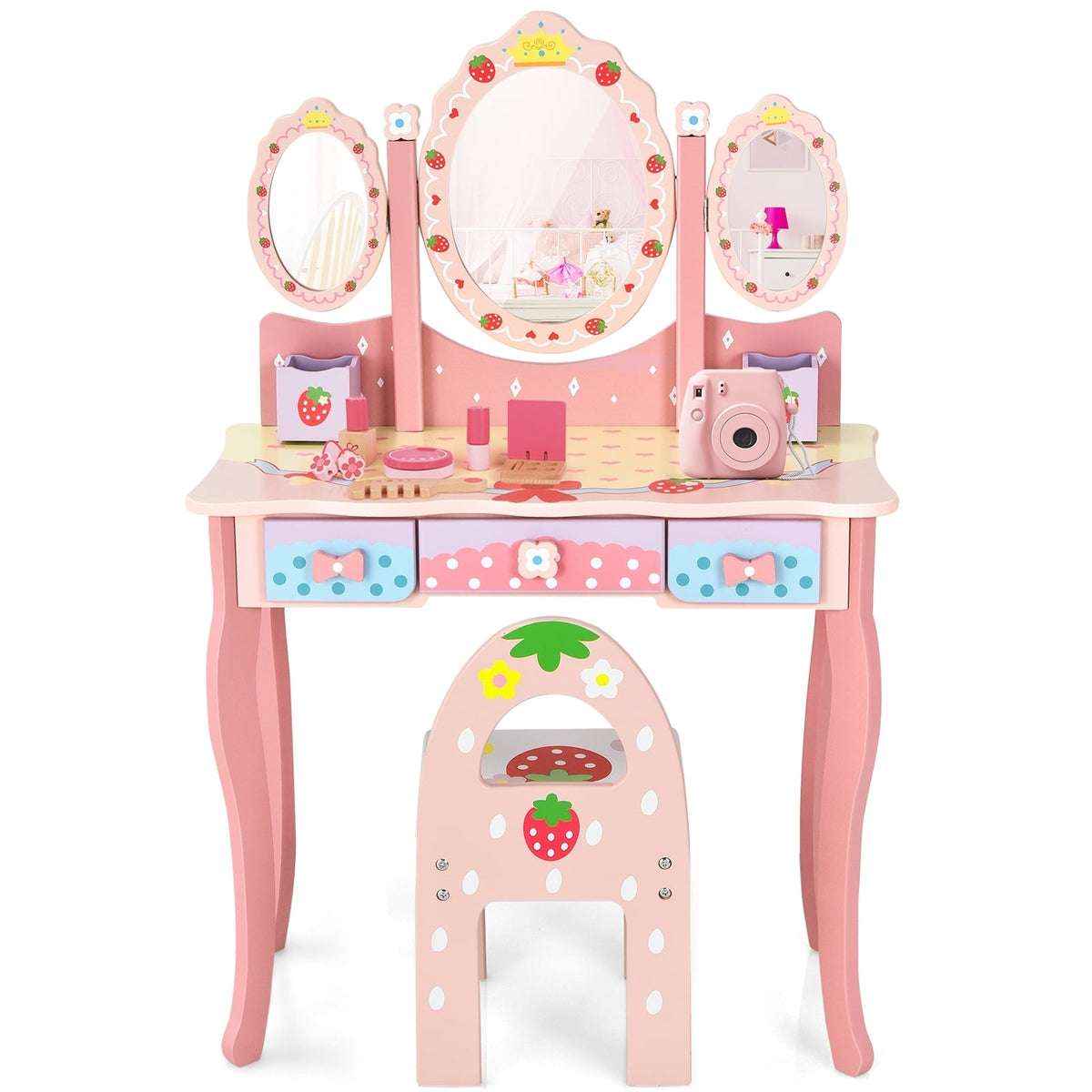 Kids Vanity Princess Makeup Dressing Table Chair Set with Tri-fold Mirror-Pink-Kids Vanities-DECOROLALA
