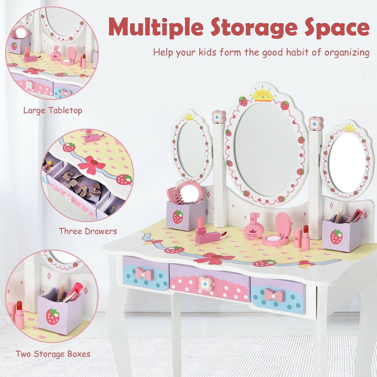 Kids Vanity Princess Makeup Dressing Table Chair Set with Tri-fold Mirror-White-Kids Makeup Vanities-DECOROLALA