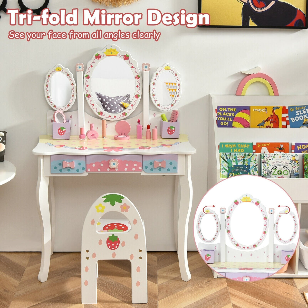 Kids Vanity Princess Makeup Dressing Table Chair Set with Tri-fold Mirror-White-Kids Makeup Vanities-DECOROLALA