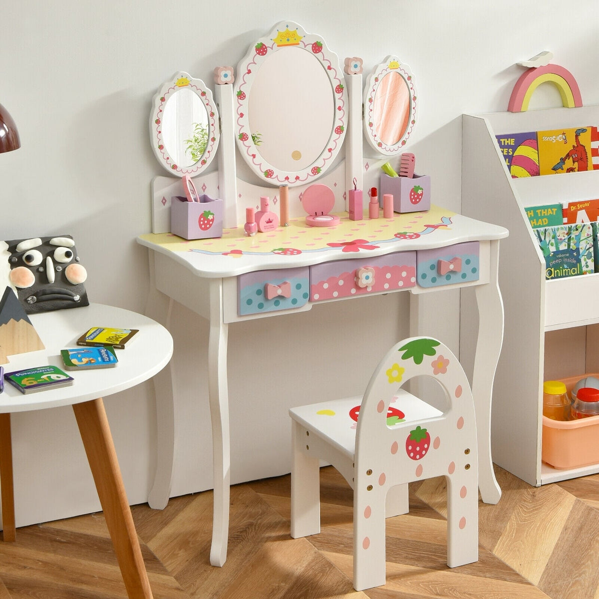 Kids Vanity Princess Makeup Dressing Table Chair Set with Tri-fold Mirror-White-Kids Vanities-DECOROLALA