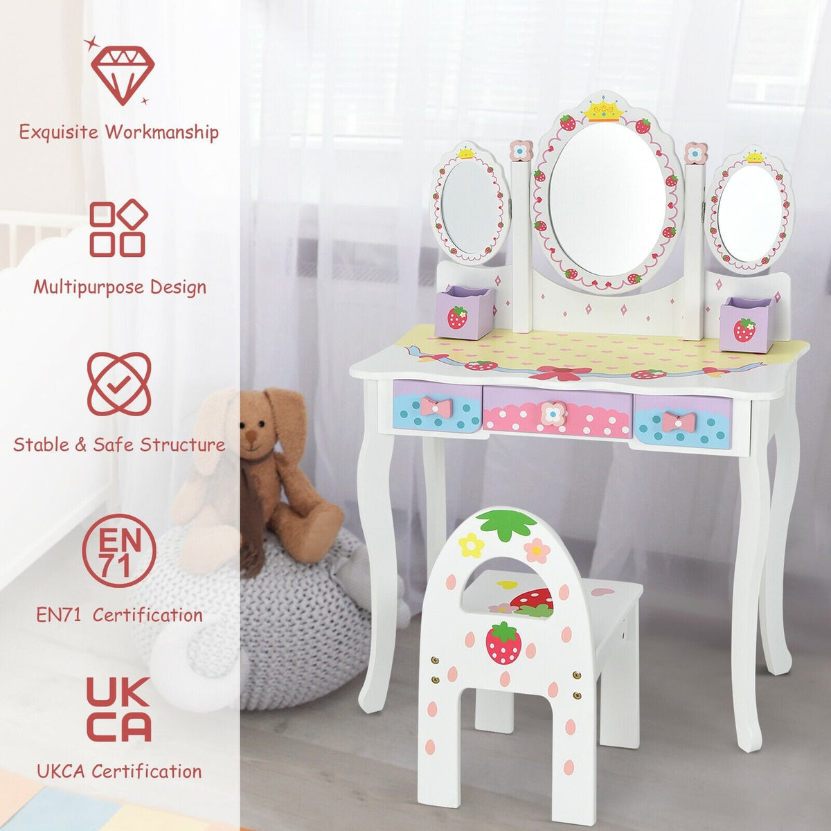 Kids Vanity Princess Makeup Dressing Table Chair Set with Tri-fold Mirror-White-Kids Vanities-DECOROLALA