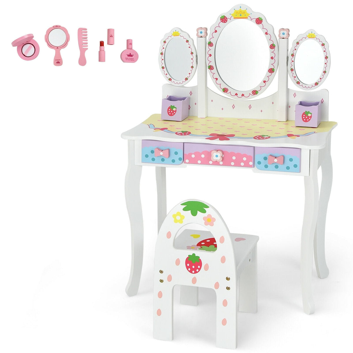 Kids Vanity Princess Makeup Dressing Table Chair Set with Tri-fold Mirror-White-Kids Vanities-DECOROLALA