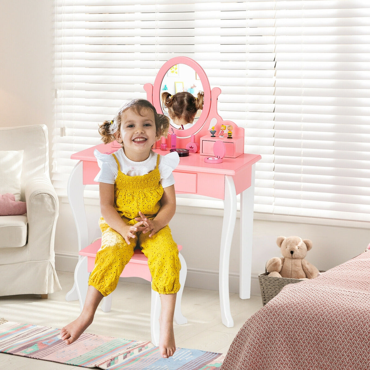 Kids Vanity Princess Makeup Dressing Table Stool Set with Mirror and Drawer-Pink-Kids Vanities-DECOROLALA