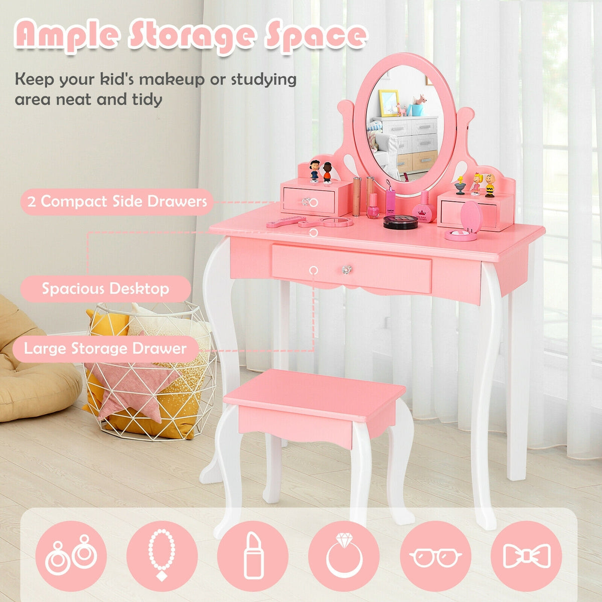 Kids Vanity Princess Makeup Dressing Table Stool Set with Mirror and Drawer-Pink-Kids Vanities-DECOROLALA