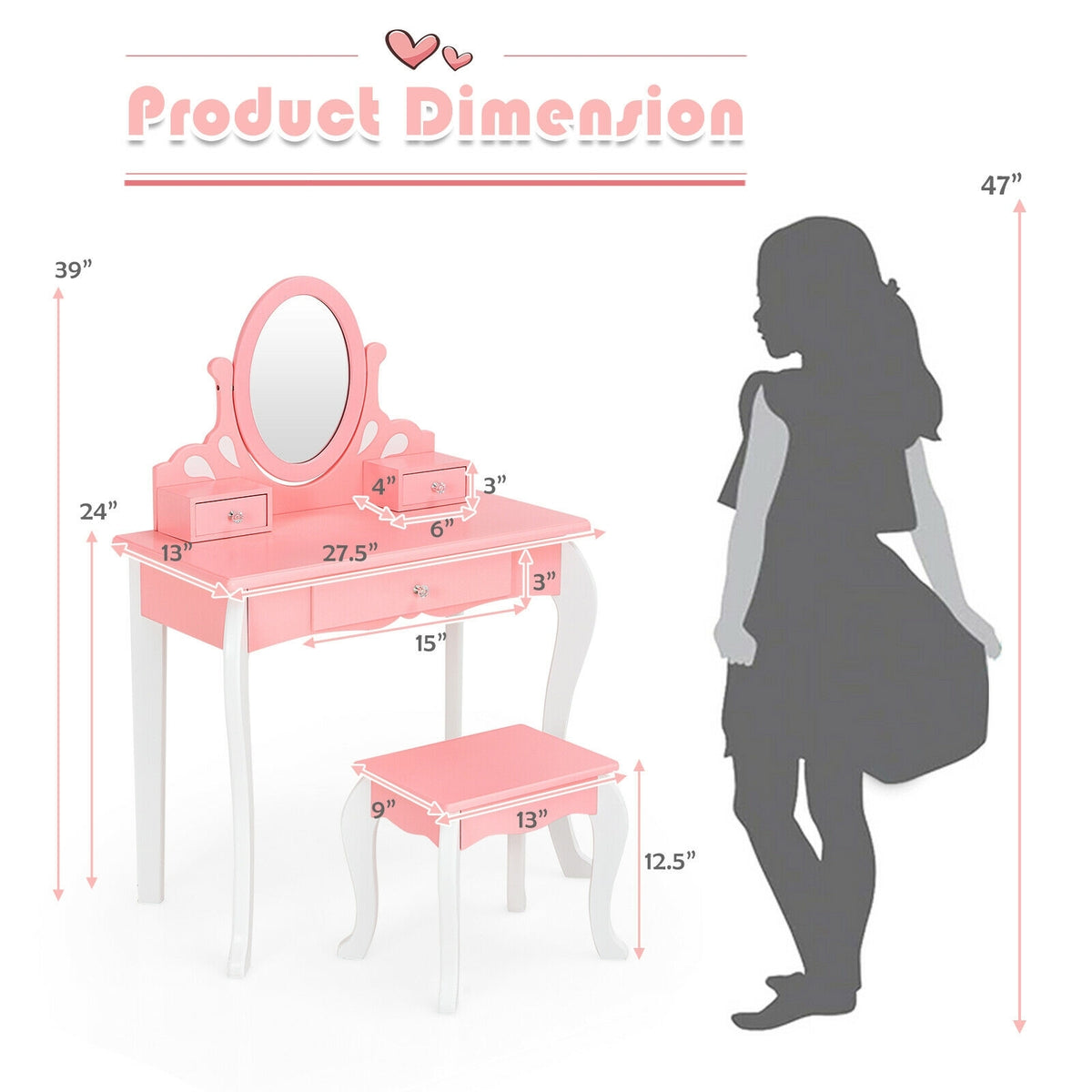 Kids Vanity Princess Makeup Dressing Table Stool Set with Mirror and Drawer-Pink-Kids Vanities-DECOROLALA