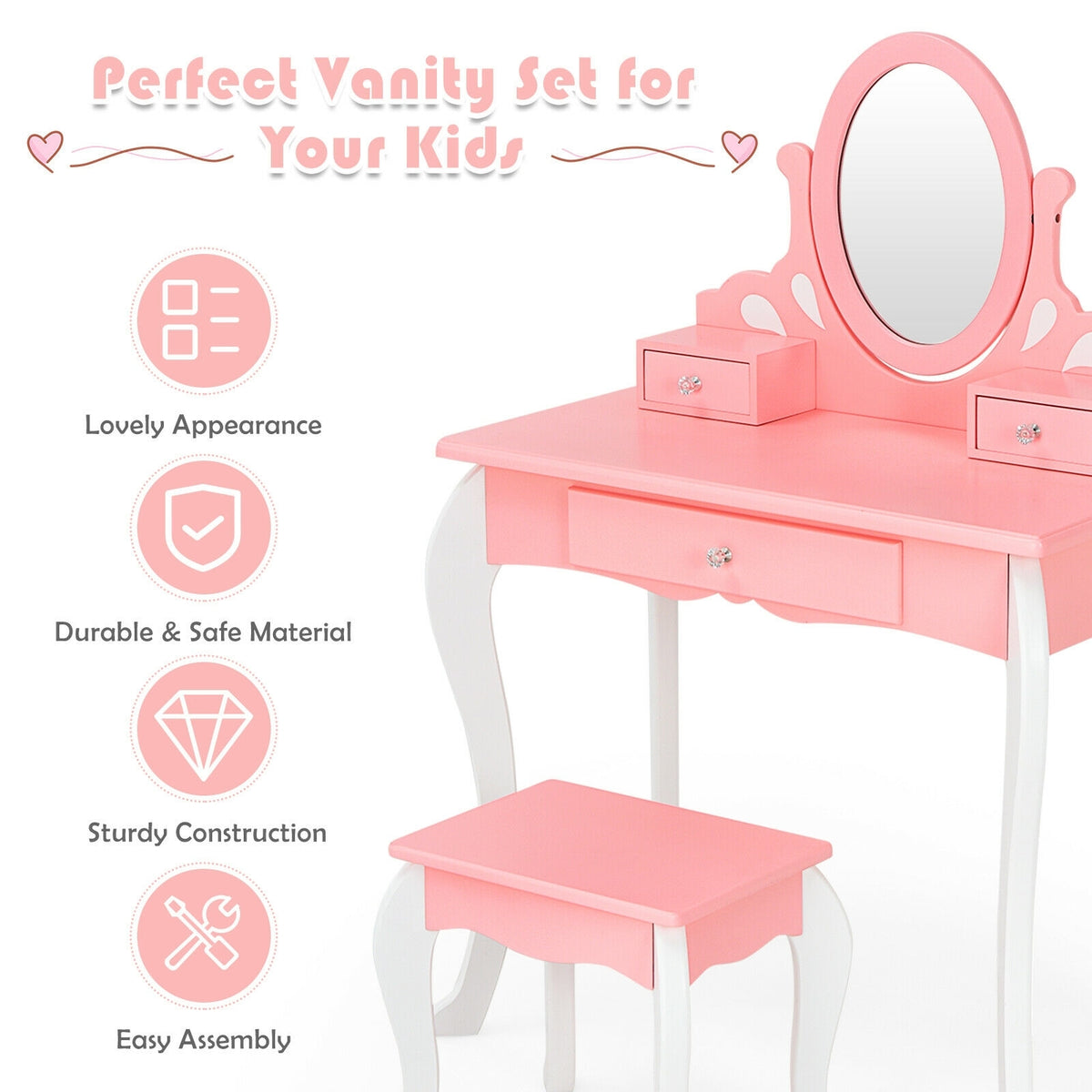 Kids Vanity Princess Makeup Dressing Table Stool Set with Mirror and Drawer-Pink-Kids Vanities-DECOROLALA