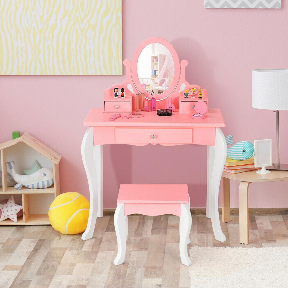 Kids Vanity Princess Makeup Dressing Table Stool Set with Mirror and Drawer-Pink-Kids Vanities-DECOROLALA