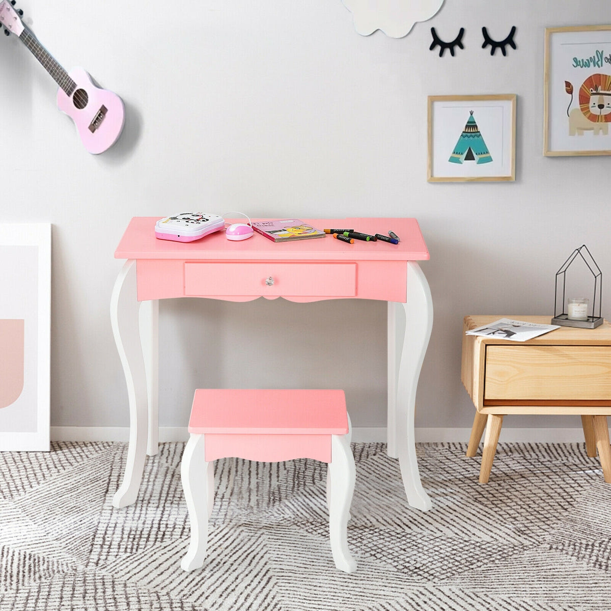 Kids Vanity Princess Makeup Dressing Table Stool Set with Mirror and Drawer-Pink-Kids Vanities-DECOROLALA