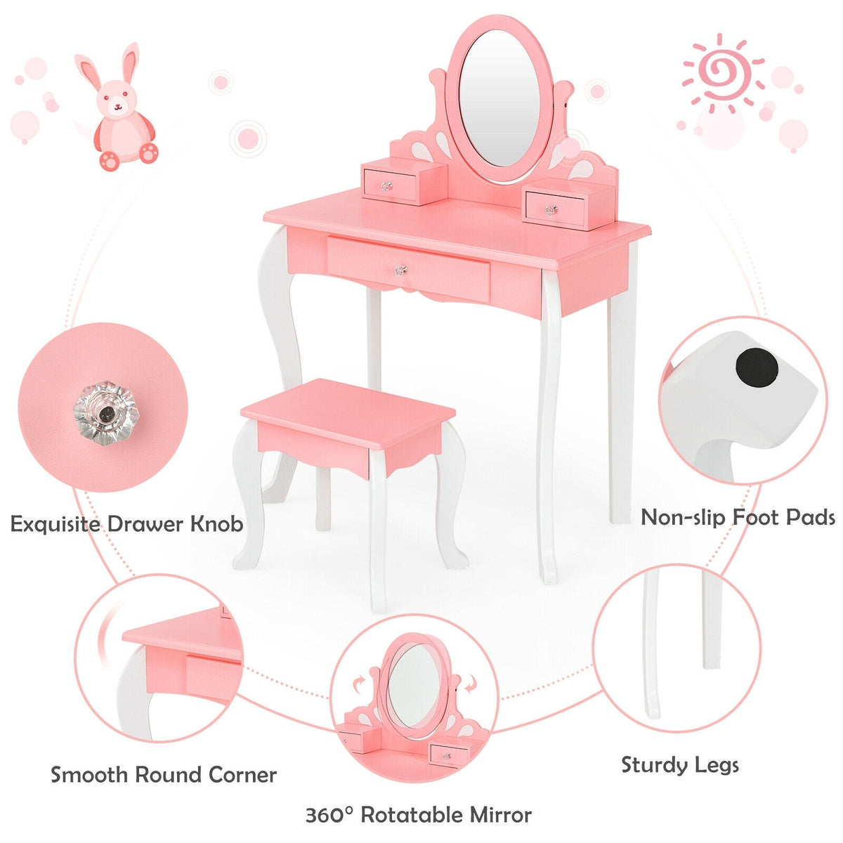 Kids Vanity Princess Makeup Dressing Table Stool Set with Mirror and Drawer-Pink-Kids Vanities-DECOROLALA
