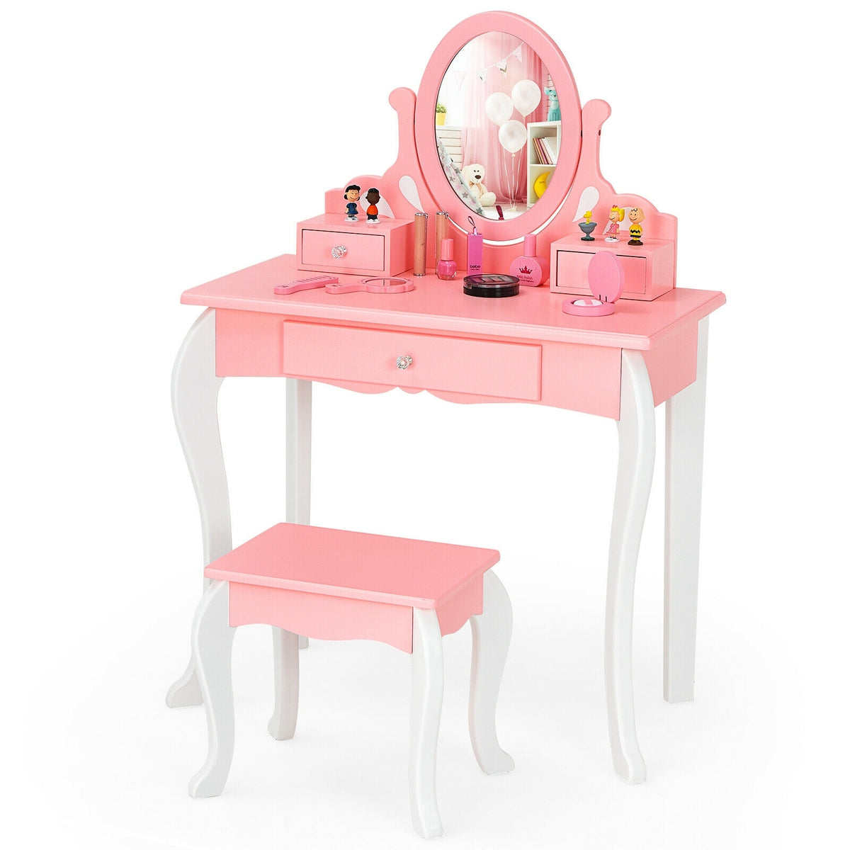 Kids Vanity Princess Makeup Dressing Table Stool Set with Mirror and Drawer-Pink-Kids Vanities-DECOROLALA
