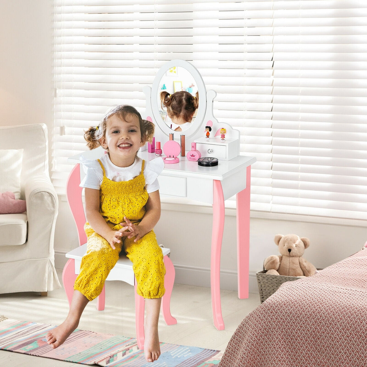 Kids Vanity Princess Makeup Dressing Table Stool Set with Mirror and Drawer-White-Kids Vanities-DECOROLALA