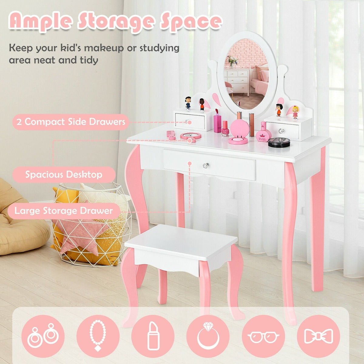 Kids Vanity Princess Makeup Dressing Table Stool Set with Mirror and Drawer-White-Kids Vanities-DECOROLALA