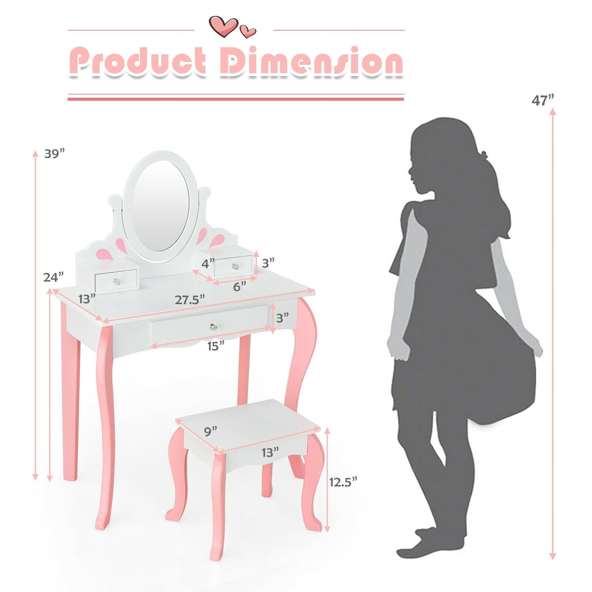 Kids Vanity Princess Makeup Dressing Table Stool Set with Mirror and Drawer-White-Kids Vanities-DECOROLALA