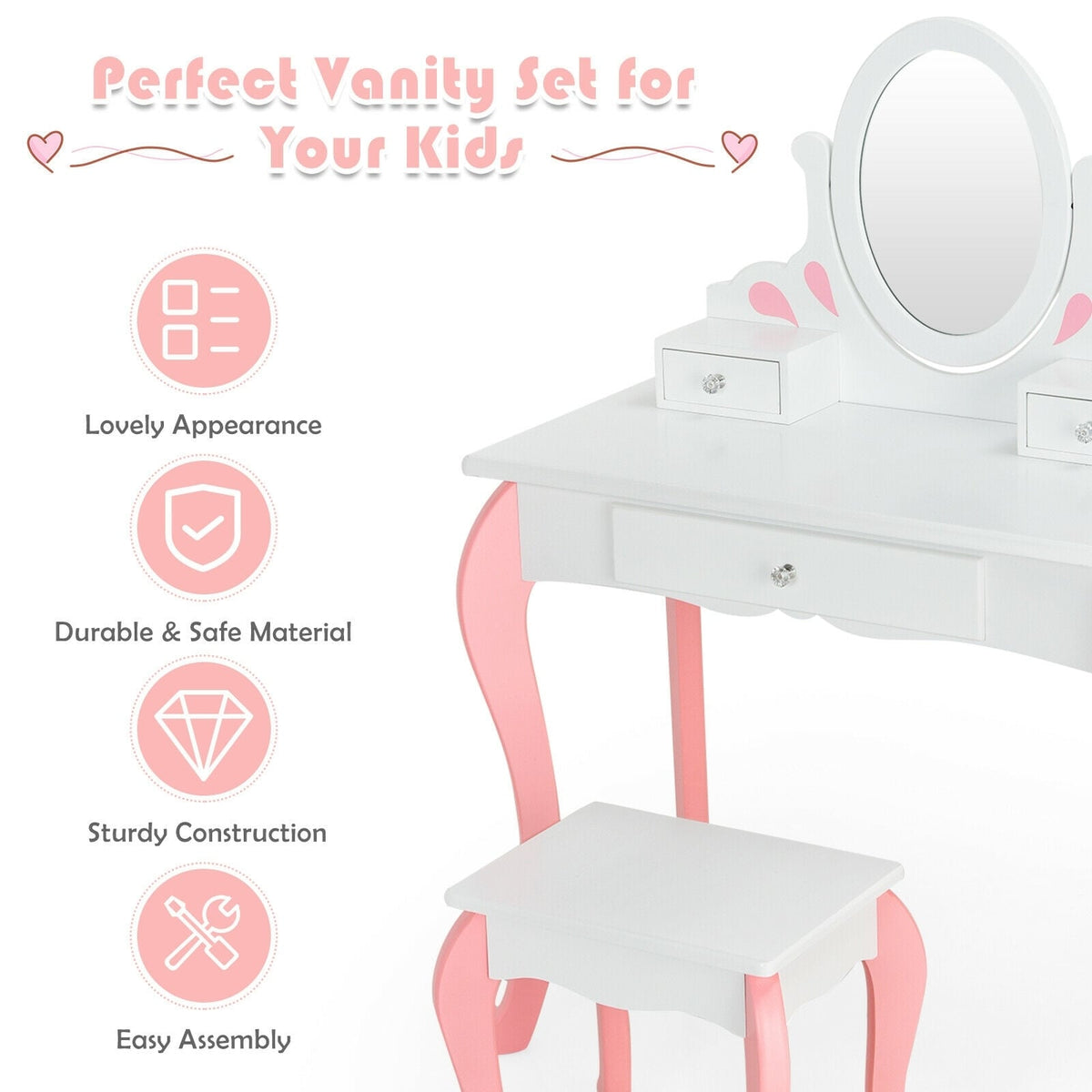 Kids Vanity Princess Makeup Dressing Table Stool Set with Mirror and Drawer-White-Kids Vanities-DECOROLALA