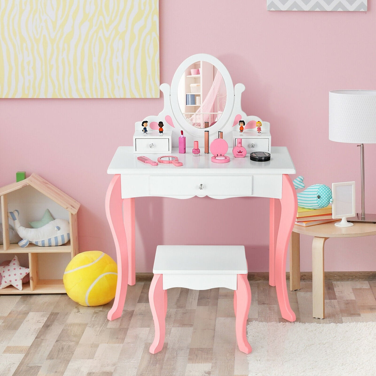 Kids Vanity Princess Makeup Dressing Table Stool Set with Mirror and Drawer-White-Kids Vanities-DECOROLALA
