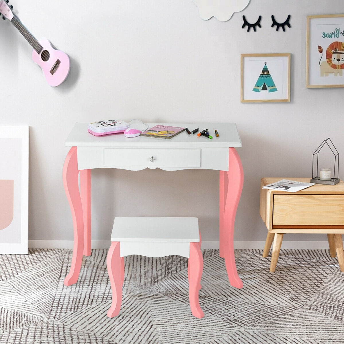 Kids Vanity Princess Makeup Dressing Table Stool Set with Mirror and Drawer-White-Kids Vanities-DECOROLALA