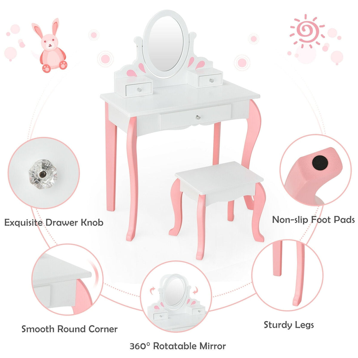 Kids Vanity Princess Makeup Dressing Table Stool Set with Mirror and Drawer-White-Kids Vanities-DECOROLALA