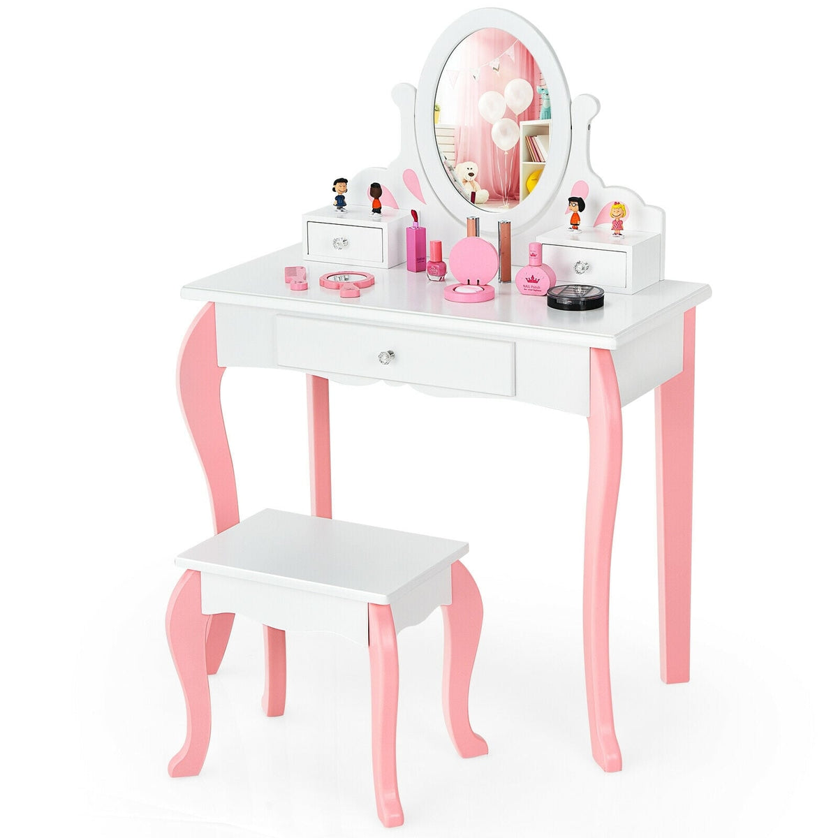 Kids Vanity Princess Makeup Dressing Table Stool Set with Mirror and Drawer-White-Kids Vanities-DECOROLALA